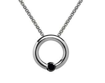 Necklace with a center ring & tension set Black Onyx in stainless steel by Taormina Jewelry