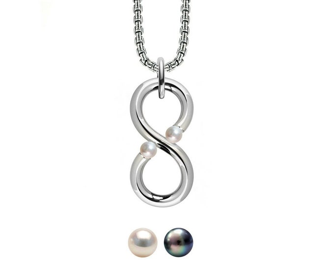 ONDE Infinity vertical pendant with tension set pearls in stainless steel by Taormina Jewelry