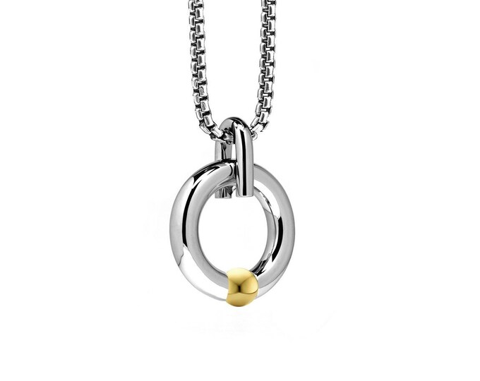 LUNA round tubular pendant with tension set gold sphere in stainless steel by Taormina Jewelry