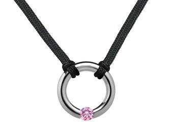 Double cord necklace with a ring in the center and a tension set Pink Sapphire by Taormina Jewelry