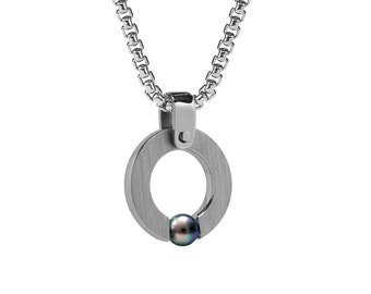 Flat round pendant with tension set Black Pearl in Stainless Steel by Taormina Jewelry