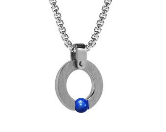 Lapis Lazuli tension set flat circle pendant in Stainless Steel by Taormina Jewelry