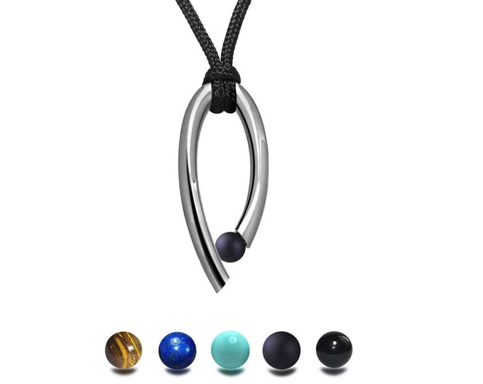 Oblong ring pendant with tension set Obsidian sphere in stainless steel by Taormina Jewelry