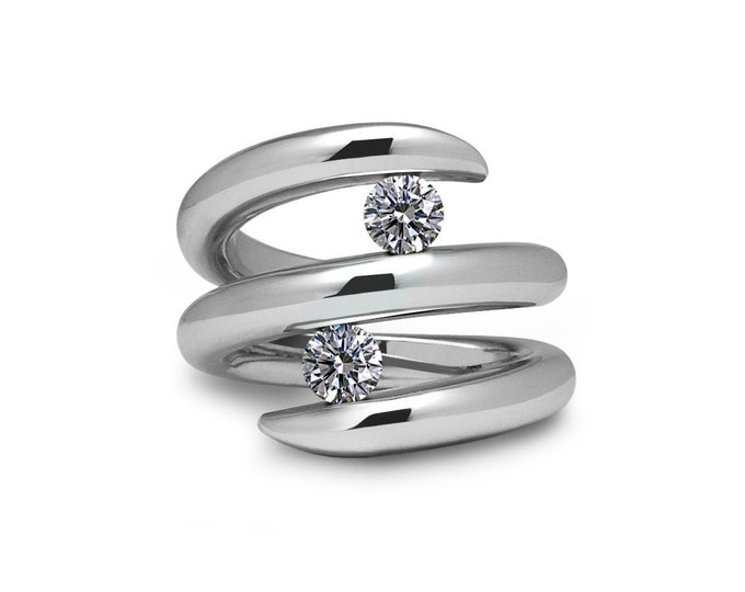 ONDE Double row bypass ring two tension set white sapphires in stainless steel by Taormina Jewelry