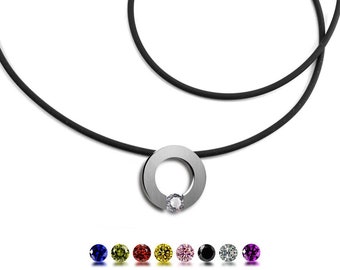 ABBRACCI round flat pendant with tension set colored sapphire on a cord choker in stainless steel by Taormina Jewelry