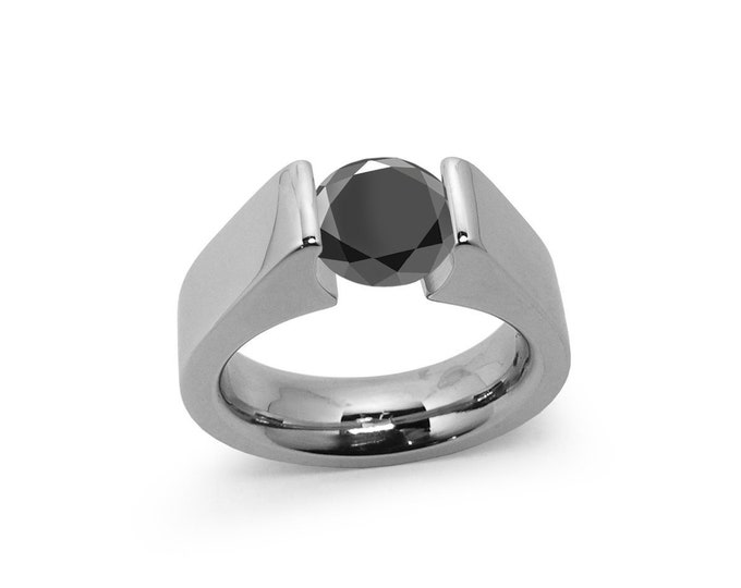 AMORE High mounting ring with tension set black diamond in stainless steel by Taormina Jewelry