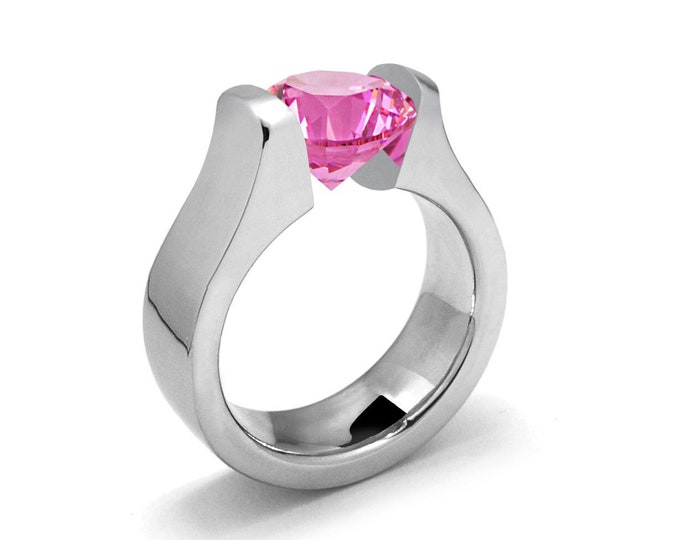 1ct Pink Sapphire Tension Set Ring Comfort Fit Stainless Steel by Taormina Jewelry