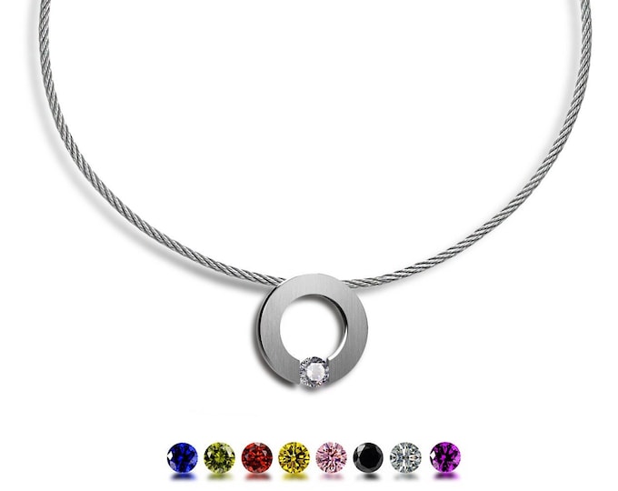 ABBRACCI round flat pendant with tension set colored sapphire on a cable choker in stainless steel by Taormina Jewelry