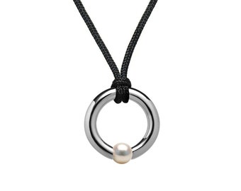 LUNA round tubular pendant with tension set white pearl in stainless steel by Taormina Jewelry