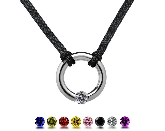 LUNA double cord necklace with round center tubular element with tension set colored sapphire in stainless steel by Taormina Jewelry