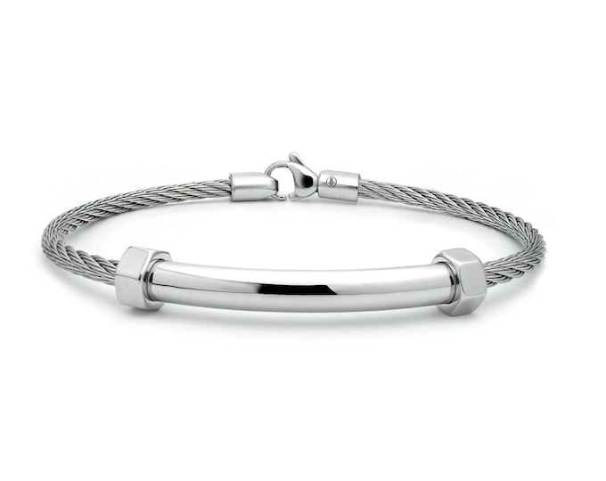Cable Wire Bracelet With Center Tube Element and Hex Nuts on the side. Stainless steel by Taormina Jewelry