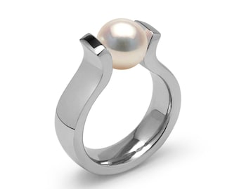High setting White Pearl Lyre shaped Tension Set Ring in Stainless Steel by Taormina Jewelry