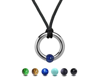 LUNA round tubular pendant with tension set semiprecious sphere in stainless steel by Taormina Jewelry