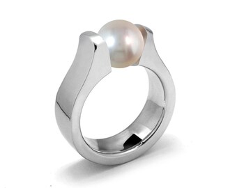 White Pearl Ring Tension Set in Stainless Steel by Taormina Jewelry