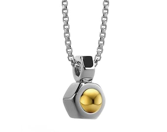 DADO Hex Nut pendant with gold sphere in stainless steel by Taormina Jewelry