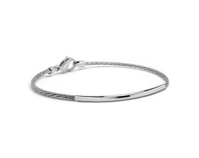 CABLE thin bracelet with curved tubular element in stainless steel, 1.5mm. By Taormina Jewelry