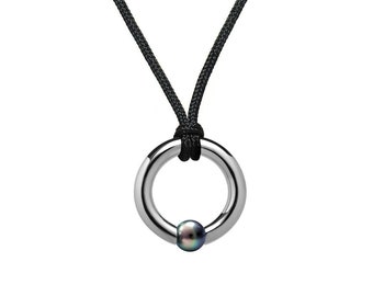 LUNA round tubular pendant with tension set black pearl in stainless steel by Taormina Jewelry