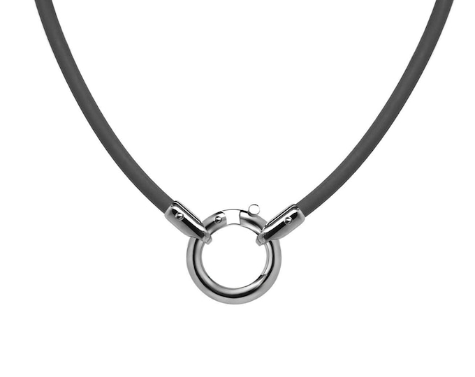 Tubular black rubber necklace with a tubular round clasp in stainless steel by Taormina Jewelry