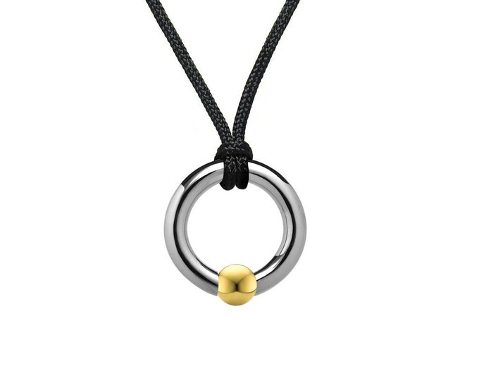 LUNA round tubular pendant with tension set gold sphere in stainless steel by Taormina Jewelry