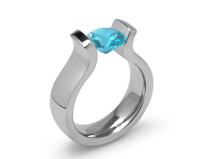 1ct Blue Topaz Lyre shaped Tension Set Ring in Stainless Steel by Taormina Jewelry