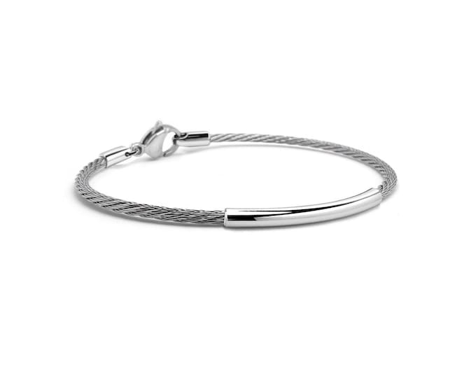 CABLE 1.5mm thin bracelet with curved tubular element in stainless steel By Taormina Jewelry