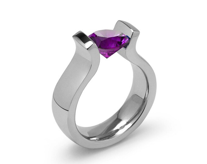 1ct Amethyst Lyre shaped Tension Set Ring in Stainless Steel by Taormina Jewelry