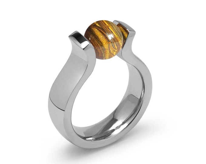 Lyre shaped ring with tension set tiger's eye in stainless steel by Taormina Jewelry