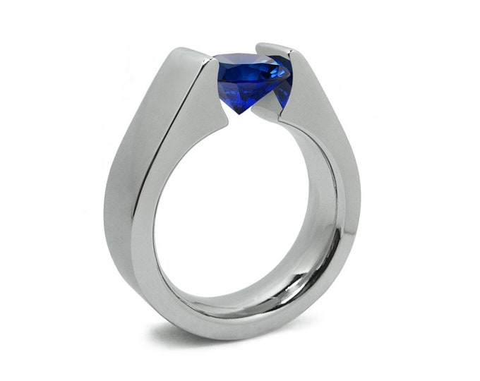 2ct Blue Sapphire Tension Set Steel High setting Engagement Ring by Taormina Jewelry