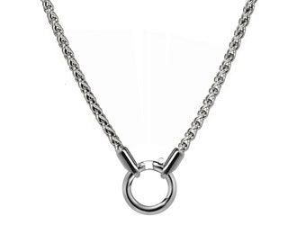 Wheat chain necklace with center round tubular clasp in stainless steel by Taormina Jewelry