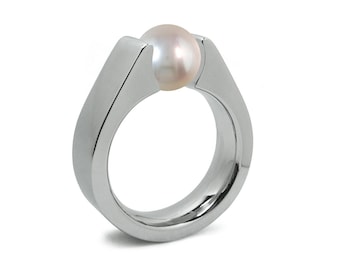 White Pearl Tension Set Steel High setting Engagement Ring by Taormina Jewelry