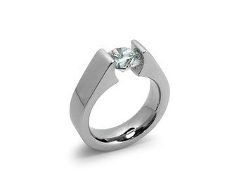 AMORE High setting ring with tension set white sapphire in stainless steel by Taormina Jewelry