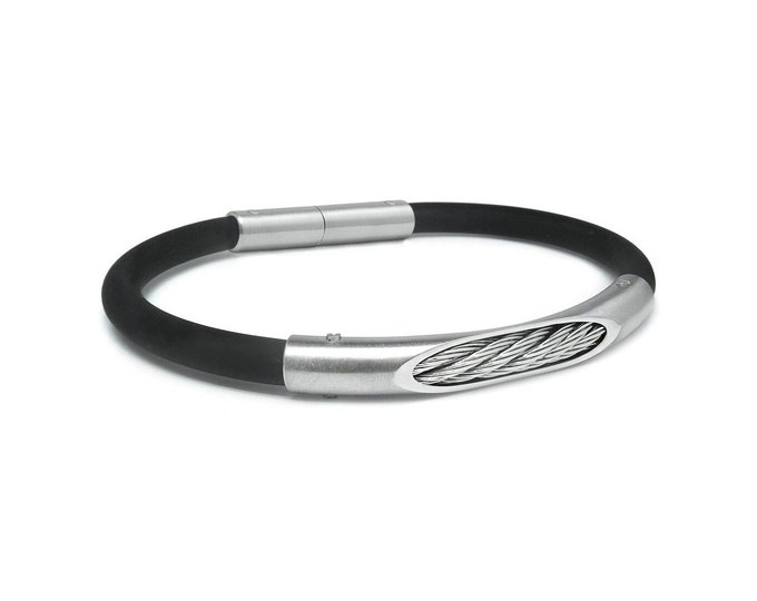 Tubular black rubber bracelet with see through cable rope detail, in stainless steel by Taormina Jewelry