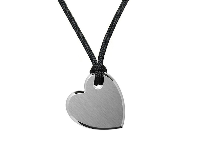 CUORE sideway flat heart tag pendant and textile cord in stainless steel by Taormina Jewelry