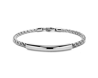 Box link chain bracelet with curved tube id element, 4mm in stainless steel by Taormina Jewelry