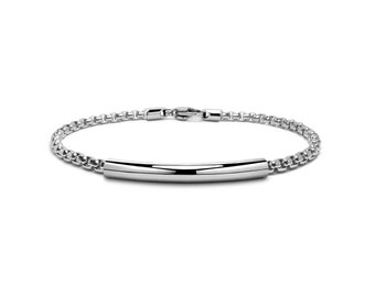3mm box link chain bracelet with curved tube id element in stainless steel by Taormina Jewelry