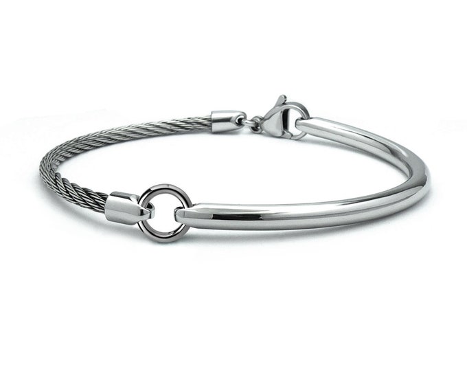 Stainless steel Rod & Cable link bracelet in brushed and polished finish by Taormina Jewelry