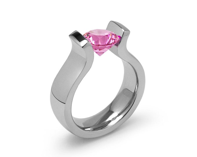 2ct Pink Sapphire Lyre shaped Tension Set Ring in Stainless Steel by Taormina Jewelry