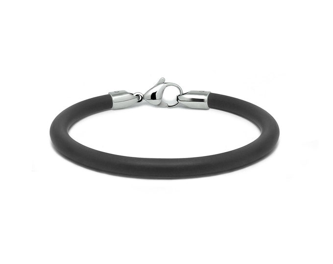 Tubular 4mm black rubber bracelet with lobster clasp in stainless steel by Taormina Jewelry