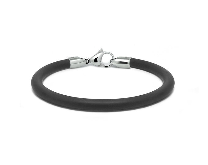 Tubular black 5mm rubber bracelet with lobster clasp in stainless steel by Taormina Jewelry