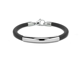 Tubular black 4mm rubber bracelet with curved element in stainless steel by Taormina Jewelry