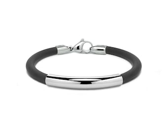 Tubular black 5mm rubber bracelet with curved element in stainless steel by Taormina Jewelry