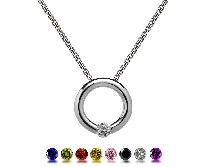 LUNA round tubular pendant hanging on a chain with tension set colored gemstones in stainless steel by Taormina Jewelry