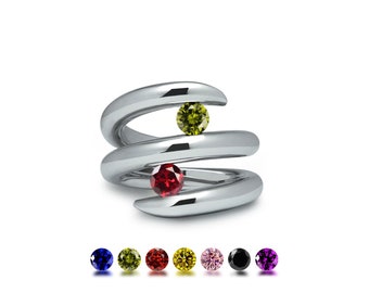 ONDE Design your own two gemstone double row bypass tension set ring in stainless steel by Taormina Jewelry