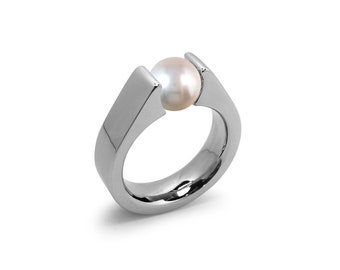 AMORE High mounting ring with tension set white pearl in stainless steel by Taormina Jewelry