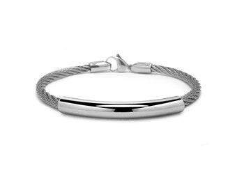 CABLE bracelet with curved tubular element in stainless steel, 4mm. By Taormina Jewelry