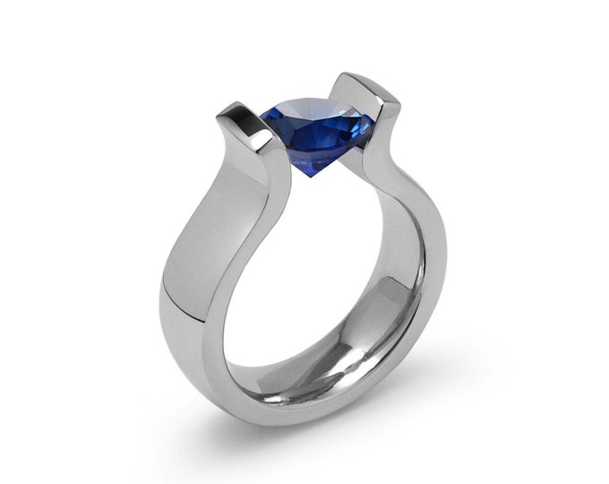 1ct Blue Sapphire Lyre shaped Tension Set Ring in Stainless Steel by Taormina Jewelry