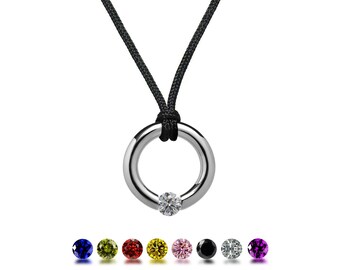 LUNA round tubular pendant with tension set colored gemstones in stainless steel by Taormina Jewelry