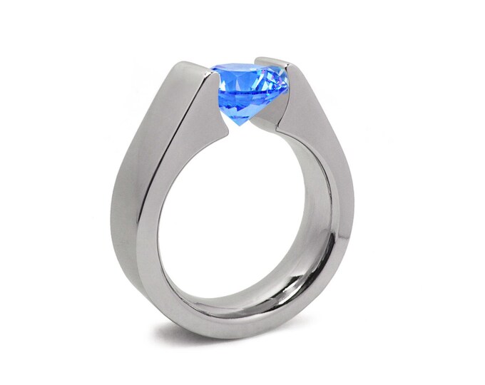 1ct Blue Topaz Tension Set Steel High setting Engagement Ring by Taormina Jewelry