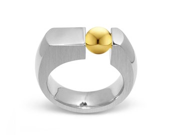 Two tone ring modern flat style mounting with off center tension set Gold sphere by Taormina Jewelry