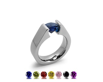 AMORE High setting ring with tension set colored gemstone in stainless steel by Taormina Jewelry